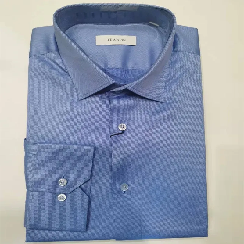 

Men's Long Sleeve Cotton Shirt Point Collar Business Gentleman Versatile Ice Blue Diagonal Pattern Pure Cotton Button
