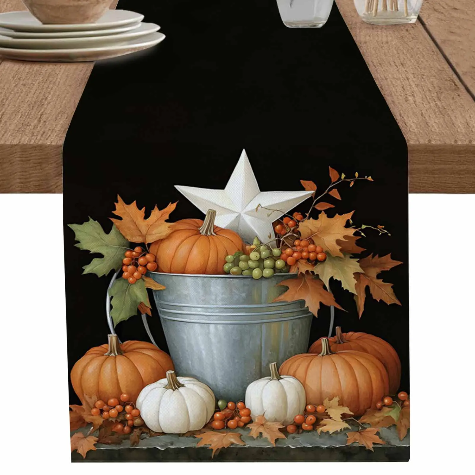 

Retro Pumpkin Thanksgiving Table Runner Party Polyester Table Cover for Home Dining Decoration
