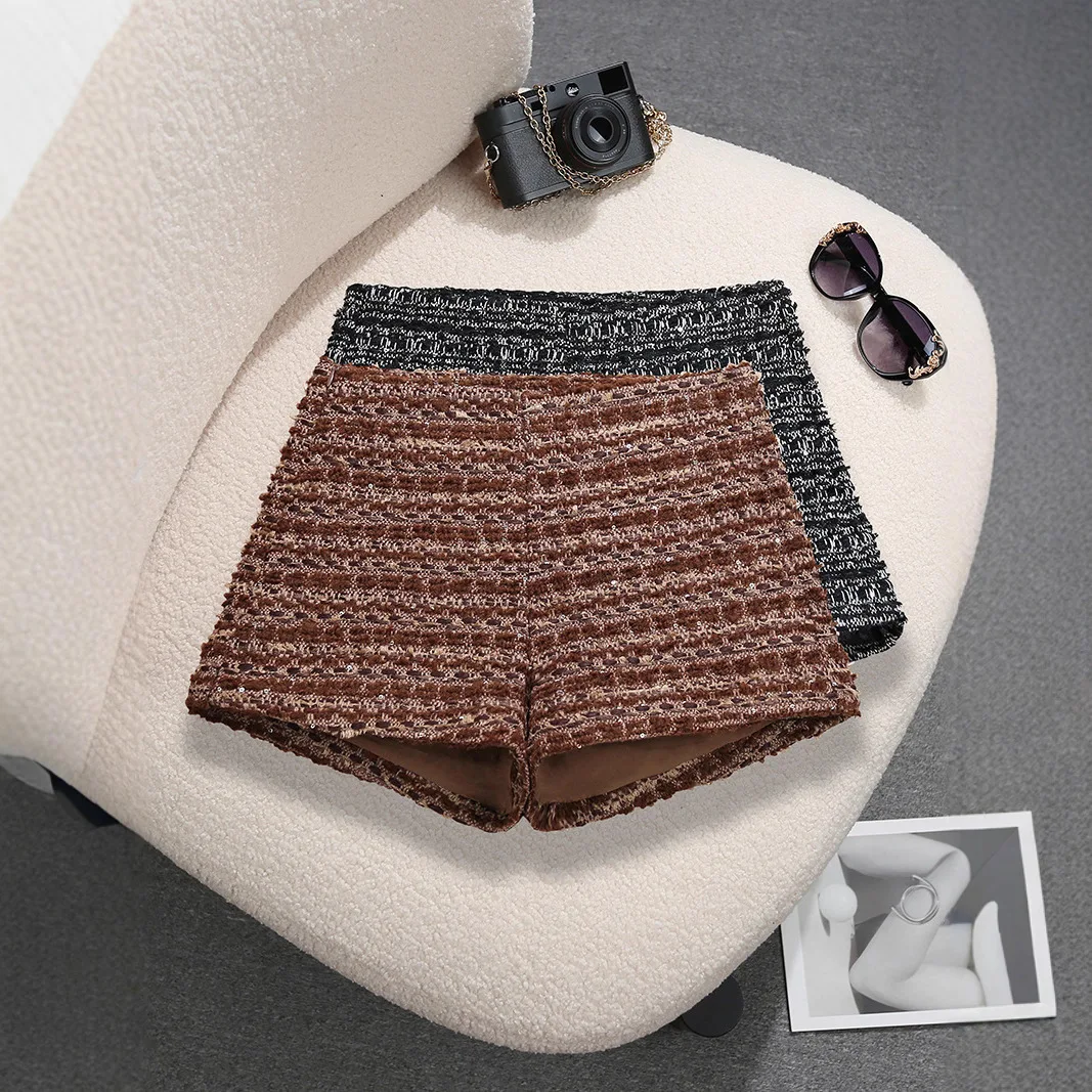

Новые женские шорты с пайетками, с высокой талией, тонкие, из твида, не просвечивающие, укороченные