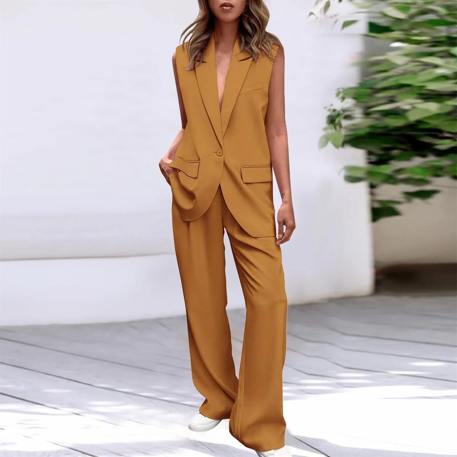 Women\'s Office Trousers Suit 2024 Summer V-neck Sleeveless Buttons Vest Tracksuit Two Piece Set for Women Wide Leg Pantsuit