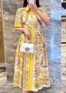 ジャメラリーニューサマーゴールデンフローラルミディドレスシャツ女性シングル胸の真珠ボタン半袖長ドレスオフィスレディ 12ベストセールスケイトミドルトンジュエリー-3