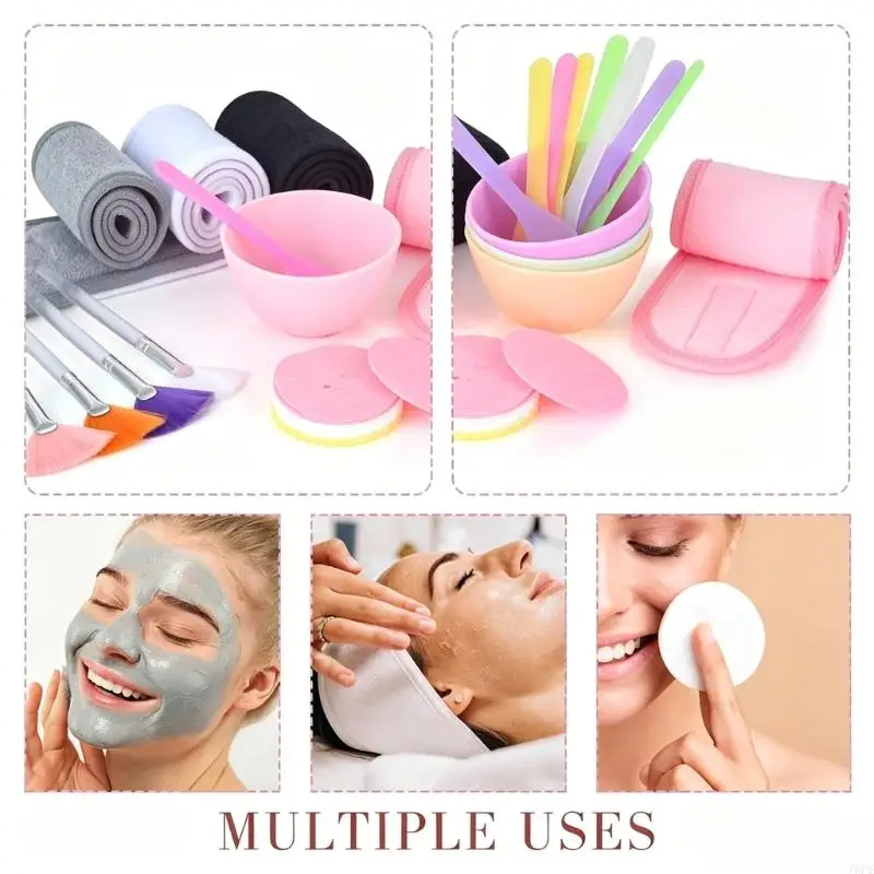 J6PE Mask Set with Mixing Bowls, Fan Brushes, Headbands, Spatulas and Compressed Mask Pads for Steady Daily Application Use
