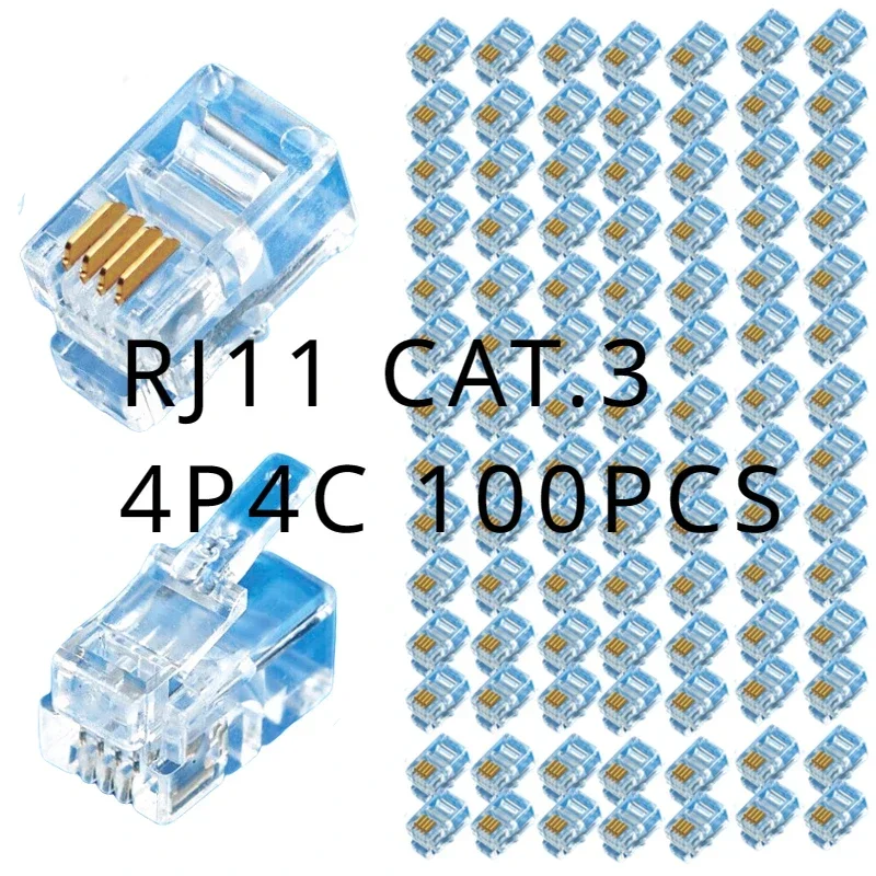 

Cat3 RJ11 connector Cat.3 4P4C, modular cable head plug gold-plated pressed telephone crystal head (100 pieces)