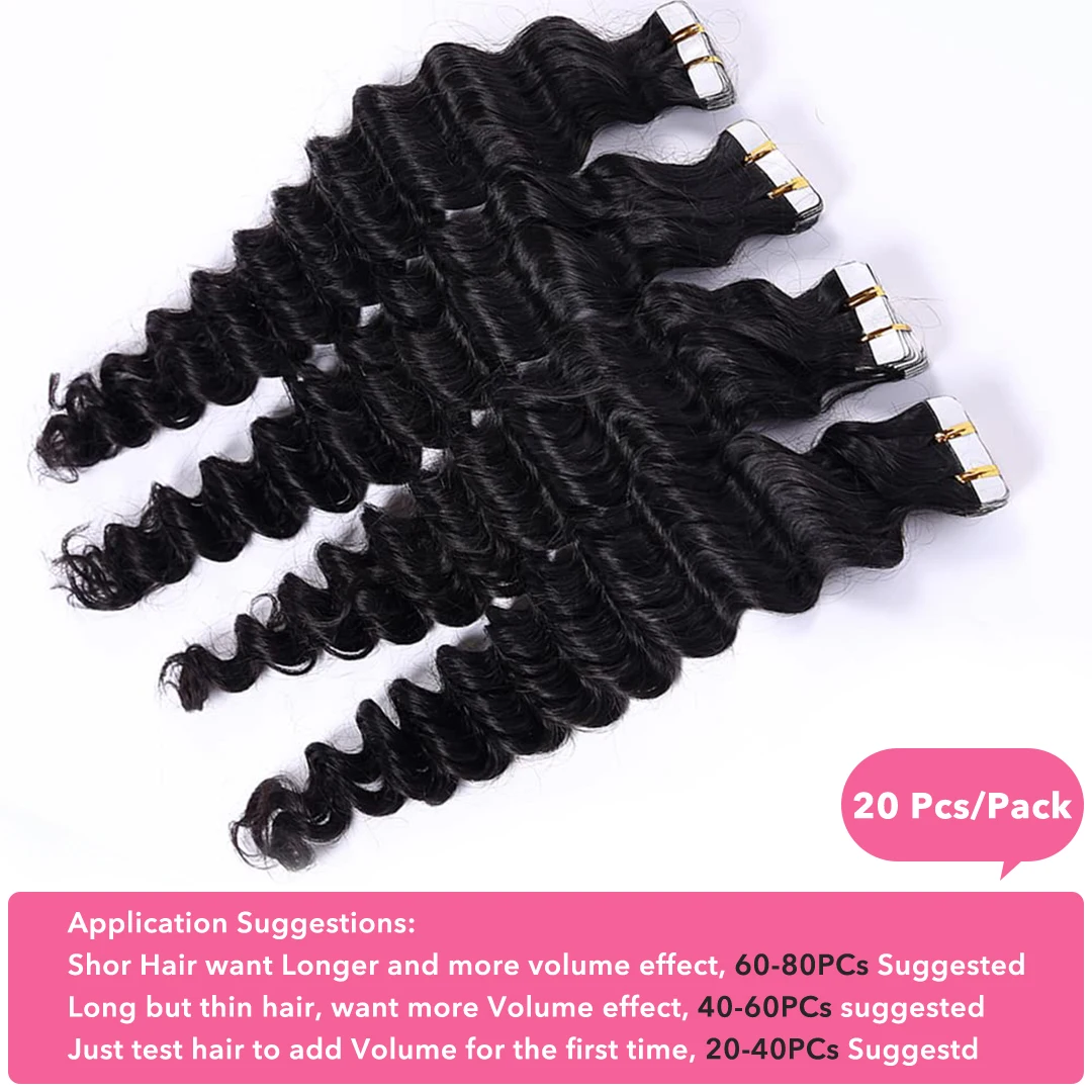 20 piezas 50g cinta de onda profunda en extensiones de cabello negro Natural 100% cinta sin procesar en extensiones de cabello humano cinta de PU en extensiones