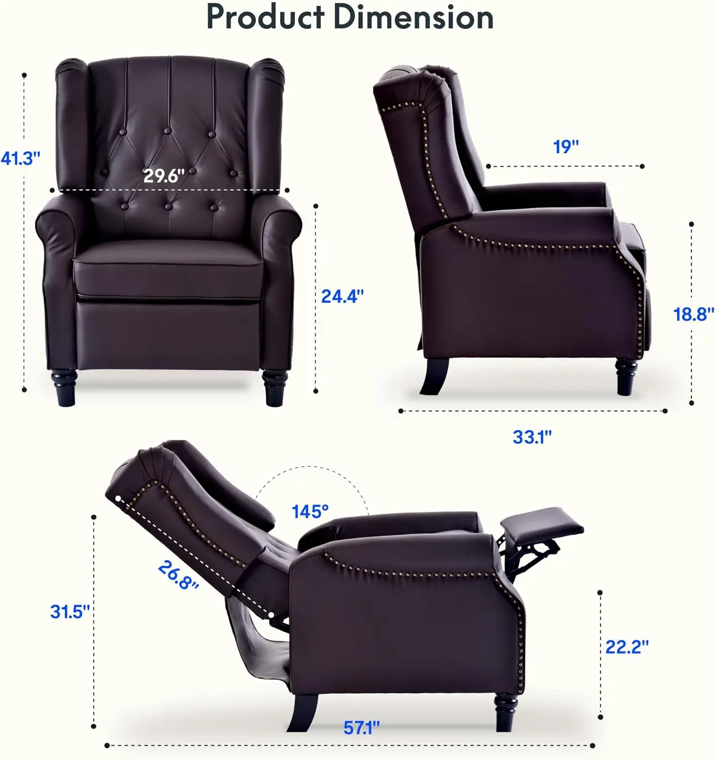 XC5 Pushback Recliner Chair, Tufted Wingback Armchair with Rivet Detail, White Fabric Accent Chair for Living Room, Bedroom, Stu