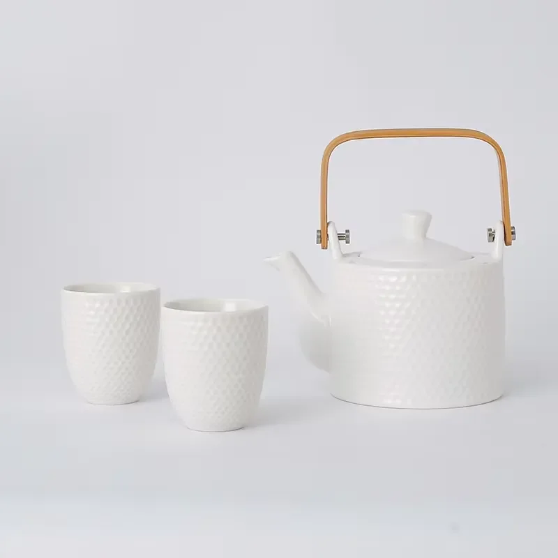 900ml 30oz Elegant White Ceramic Teapot and Cup Set with Infuser Modern Japanese Style for Home and Restaurant Use