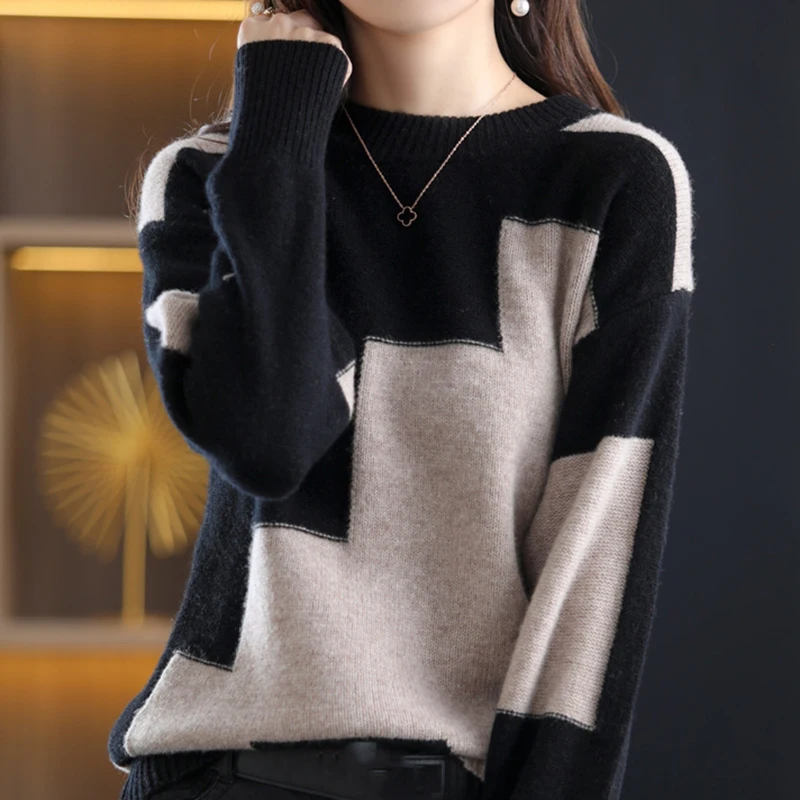 HELIAR Women Cashmere Warm Sweater Patchwork Knit Thermal Pullovers O-Neck Long Sleeve Loose Casual Sweater Women Autumn Winter