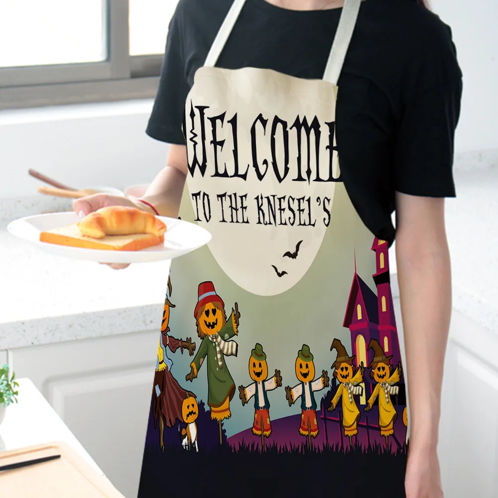 Pumpkin Witch Horror Happy Halloween Kitchen Aprons for Woman Man Home Cooking Baking Shop Cleaning Cotton Linen Apron