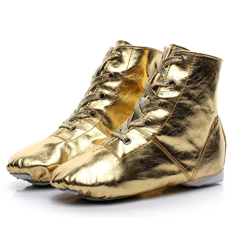 Gold Silver Jazz Shoes PU Modern Dance Stage Performances Boots Square Soft Sole Sneakers