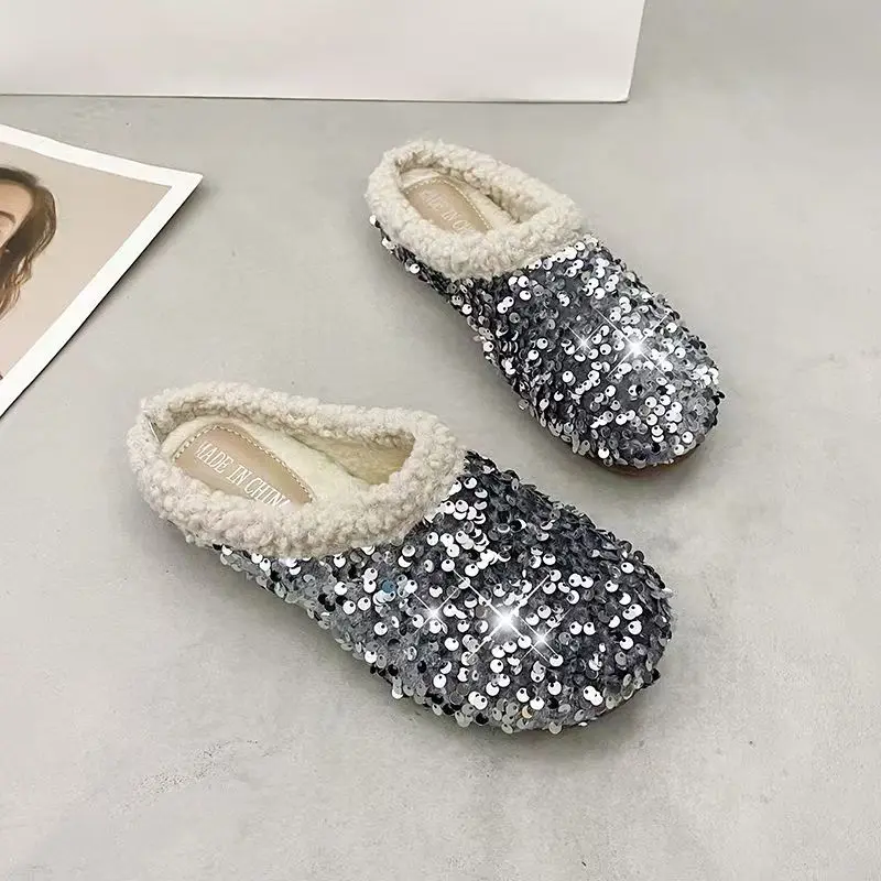 2026 Winter sequined cotton slippers fashionable, beautiful with unique style comfortable and casual flat shoes for women