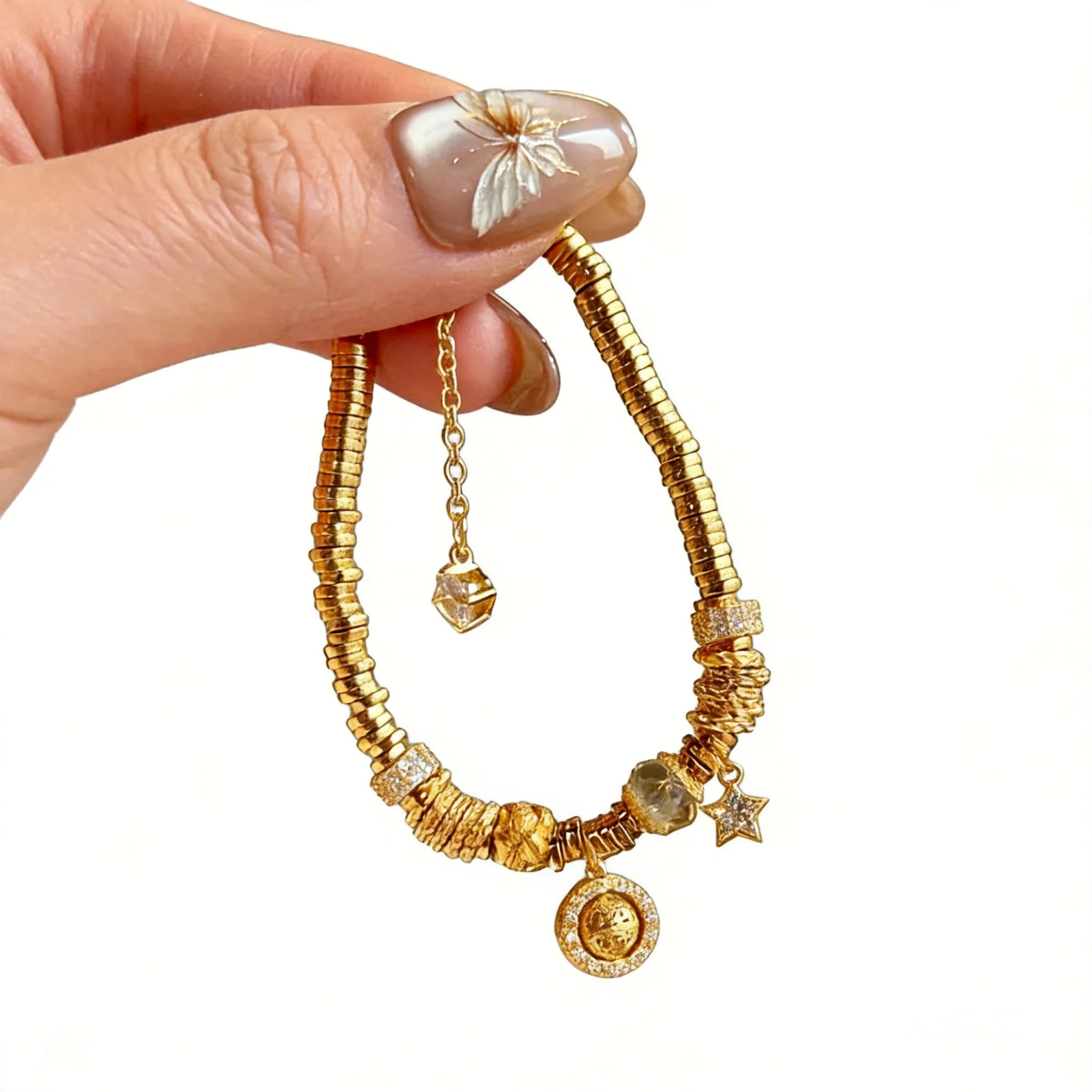 24k Real Gold Plated Chinese Lucky Wealth Attracting Star Moon Beaded Bracelet Feng Shui Good Fortune Adjustable Bracelet For