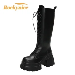 Nuovo autunno stivali alti al ginocchio donna stivali lunghi in pelle grossa donna tacchi alti scarpe Punk inverno 9CM piattaforma stivaletti moto