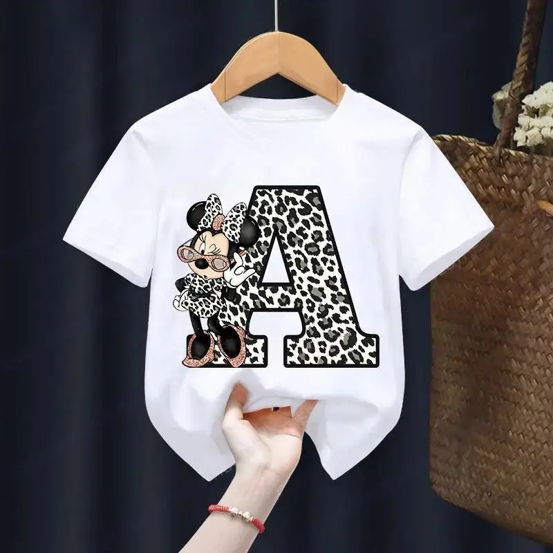 Minnie Letter A B C D Children T-shirt Cotton Disney Clothes for Girls T Shirt Anime Cartoons Casual Kid Boy Short Sleeve Tops