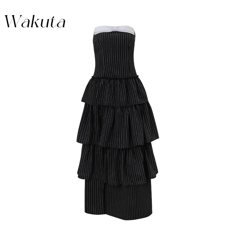 WAKUTA-vestido Vintage a cuadros sin tirantes para Mujer, maxivestido Sexy con volantes, estilo callejero, moda americana