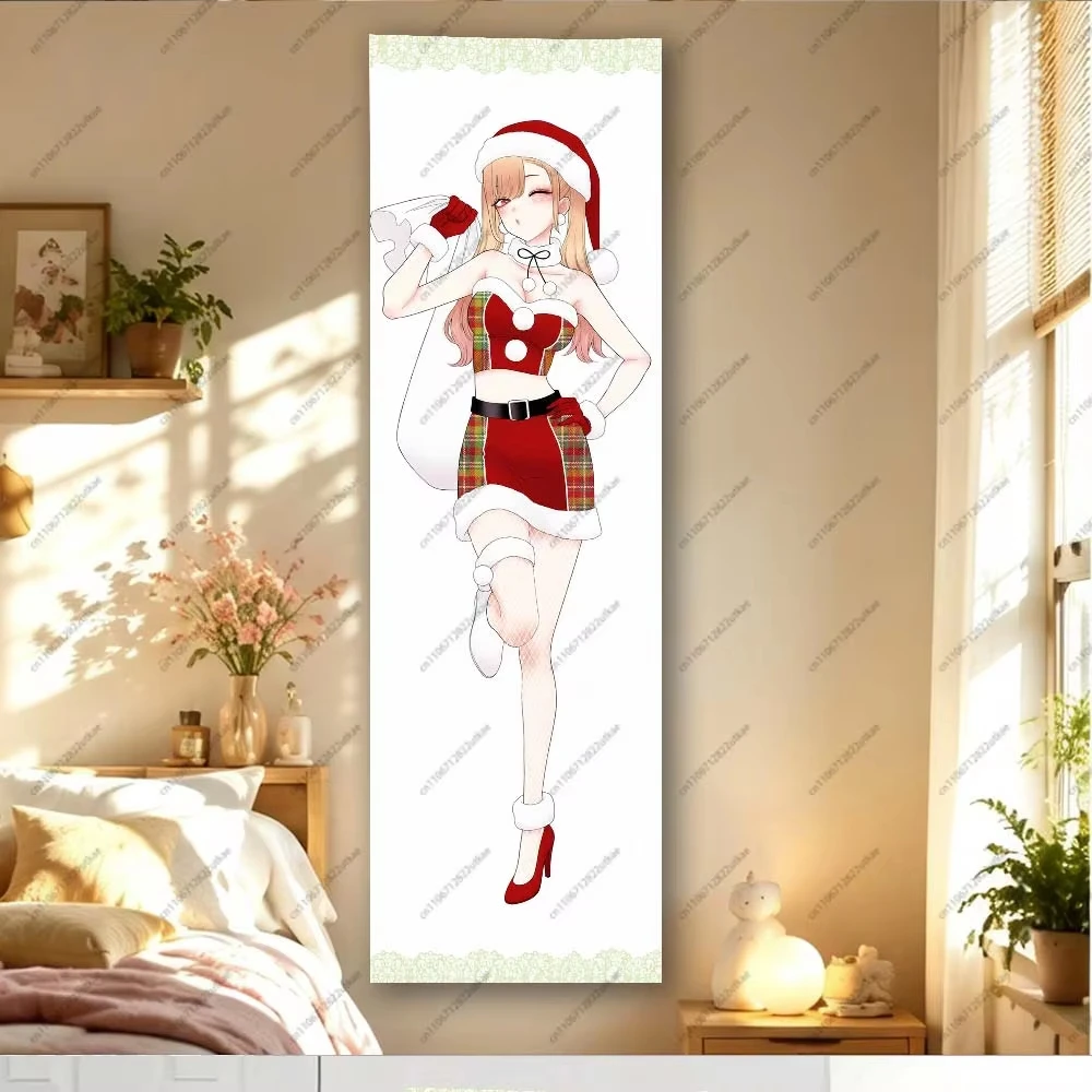 Christmas Anime Girl Vertical Tapestry, Long Strip Full‑Body Santa Costume Wall Hanging, Lace Border Polyester Wall Cloth for