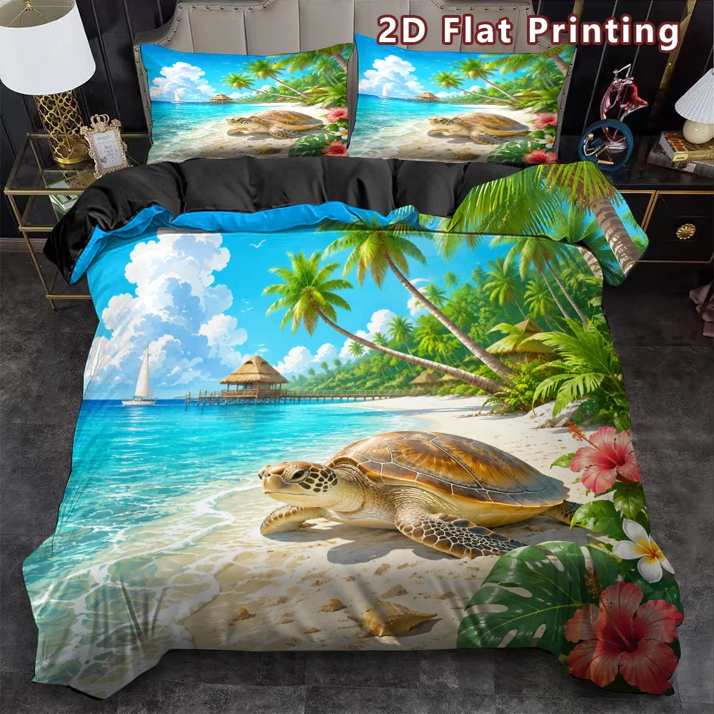 Sea Turtle Duvet Cover Twin King Size,Tortoise Reptile Animal Bedding Set Marine Life Comforter Cover,Hawaiian Ocean Quilt Cover