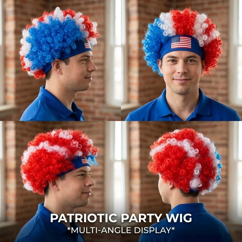 Adult Patriotic Afro Wig With American Flag Headband Red White Blue Curly Hair For Party Cosplay Festival Costume