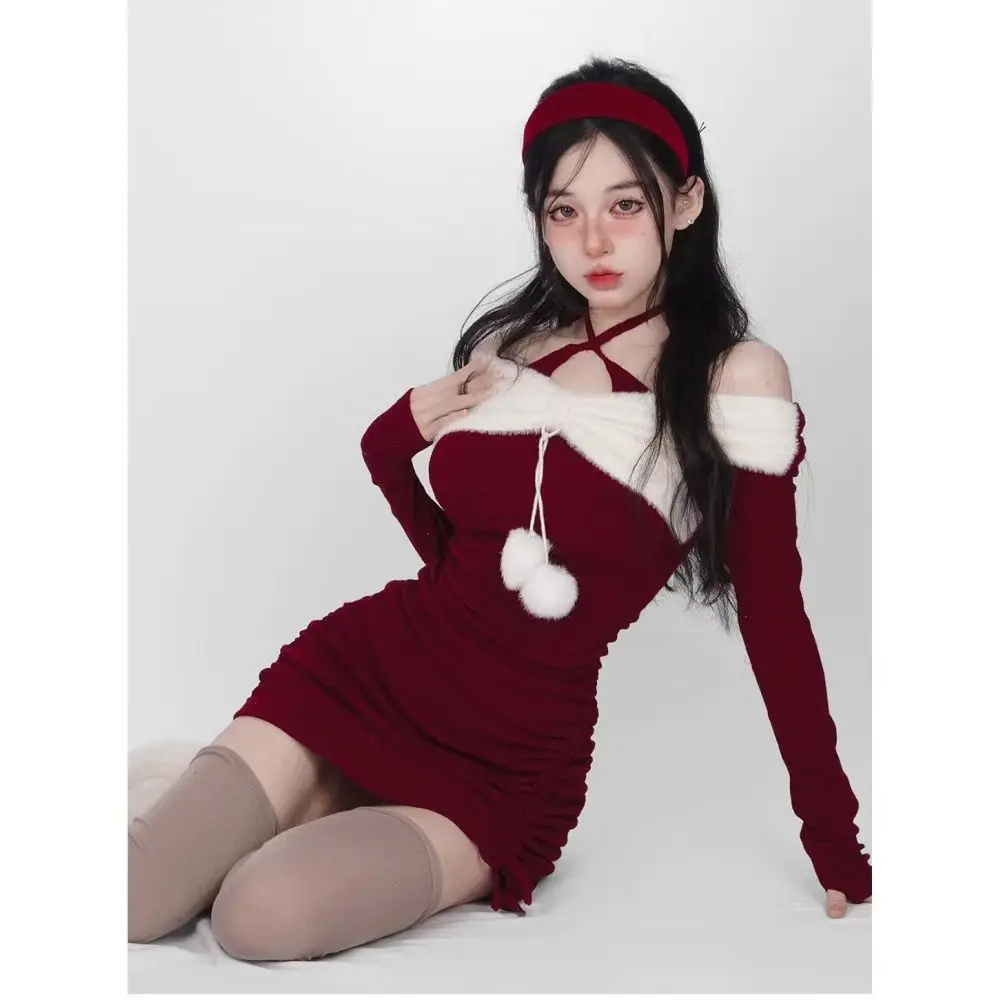 Belle rouge Sexy doux licou Slash cou Camis robes femme à manches longues robe serrée automne tendance à la mode laçage noël Dre