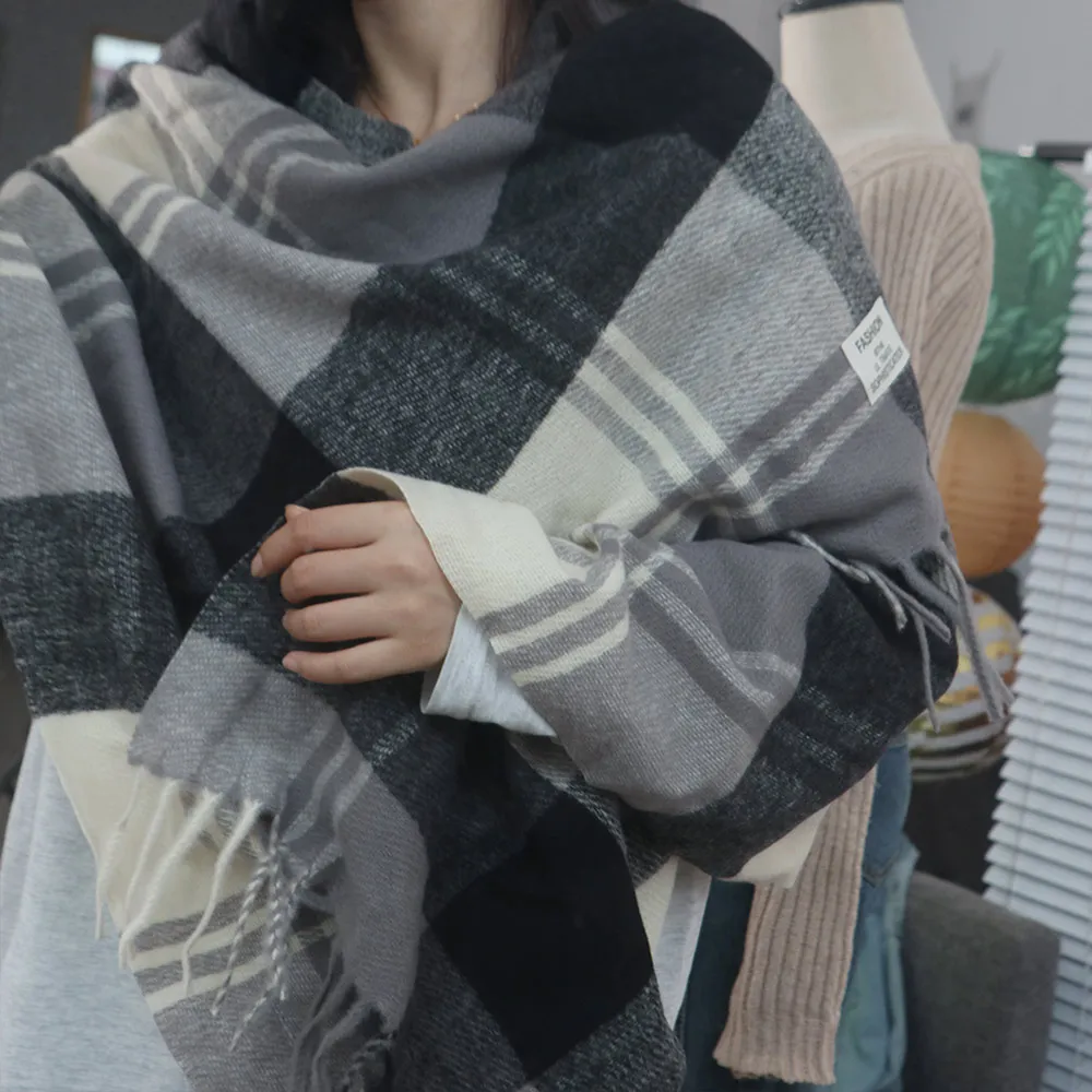 Simple Windproof Plaid Wool Scarf Long Tessel Thicken Winter Cashmere Scarf Korean Style Keep Warm Men Scarf Gifts