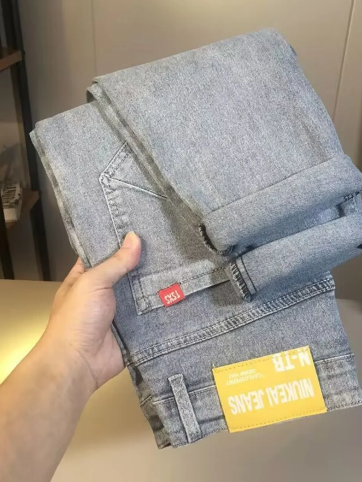 

Мужские джинсы Slim Fit, модные светло-голубые повседневные длинные брюки, весна-осень, новые эластичные хлопковые джинсы со средней талией на молнии, молодежные