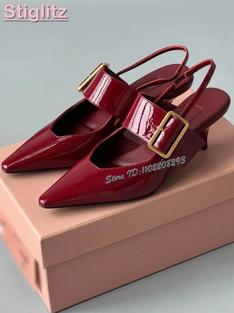 

Belt Buckle Kitten Heels Pumps Burgundy Pointed Patent Leather Shallow Slingback High Heels 2025 Summer New Women Dress Shoes