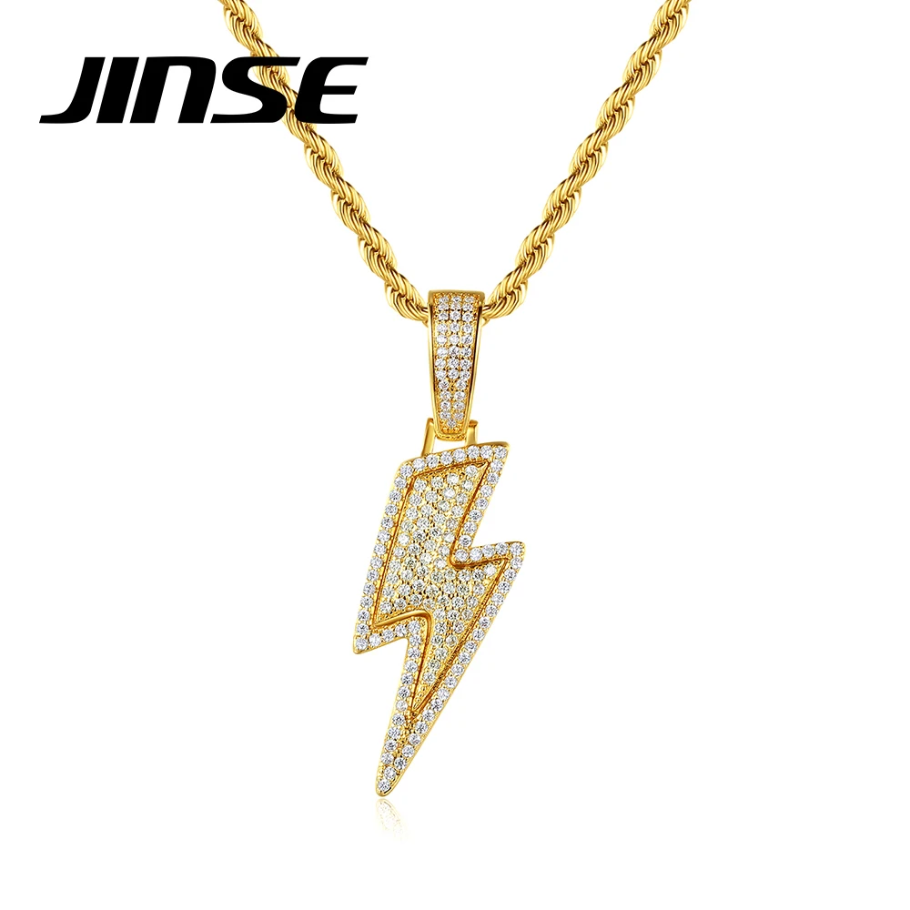 JINSE Fashion Full Cubic Zirconia Neck Chains New Design Lightning Shape Pendant Necklaces for Men Party Birthday Jewelry Gifts