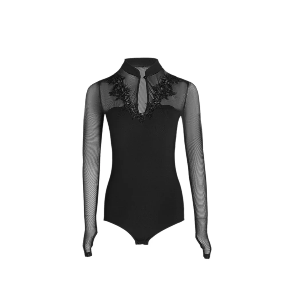 الراقصات اللاتينية، البالغين، الأطفال، الياقات النمط الصيني الراقية، الشارات، الأكمام الطويلة، أزياء أداء السامبا السوداء لحمام السباحة #3