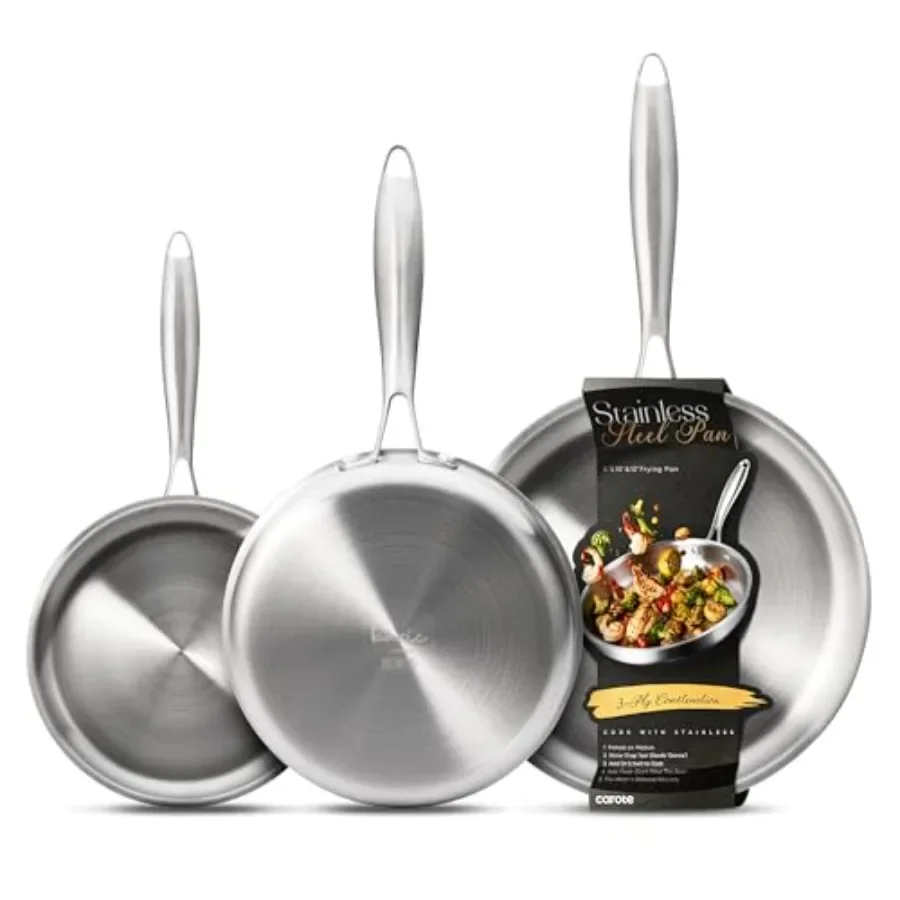 

3-Piece Tri-Ply Stainless Steel Frying Pan Set, Skillet Set 8"/10"/12", Induction Compatible, Oven and Dishwasher Safe, Handle