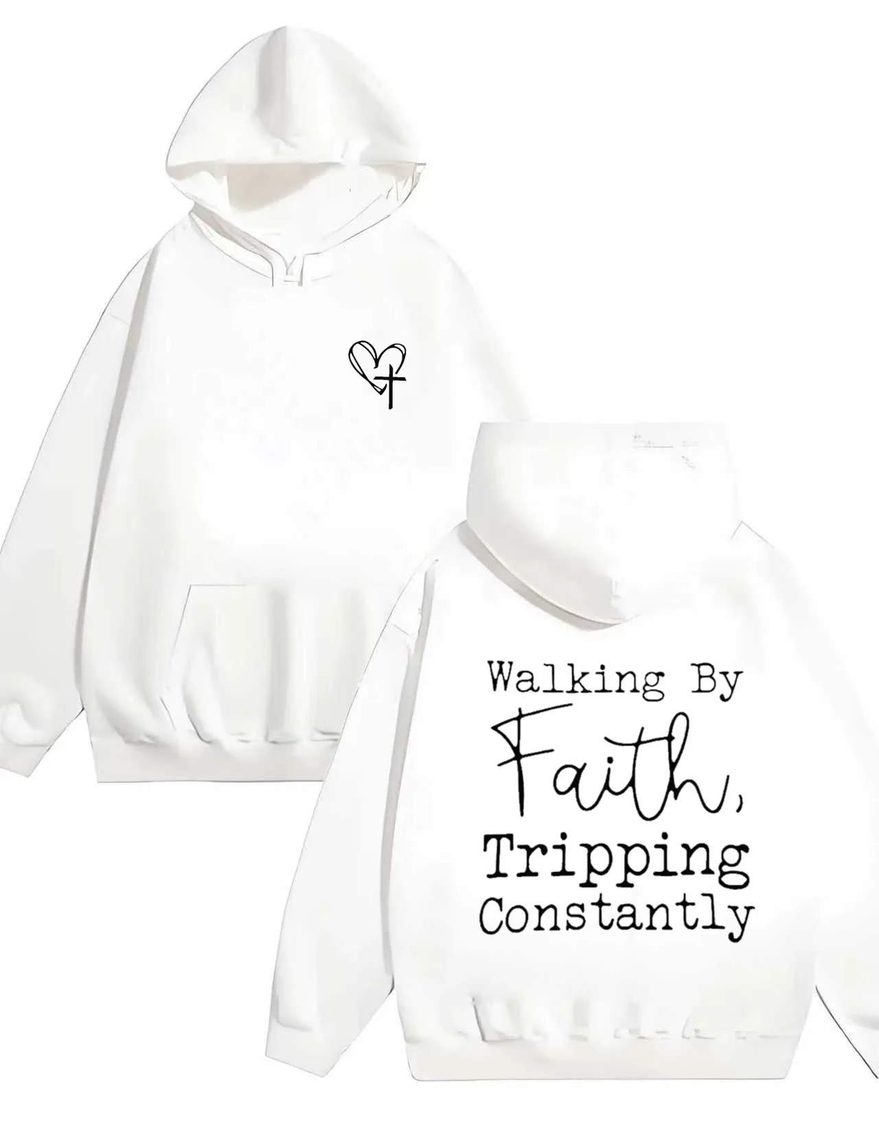 Felpa con cappuccio pesante 330G stampata dalla fede cristiana Walking By Faith Triping Felpa con cappuccio dal design a croce costantemente con cuore