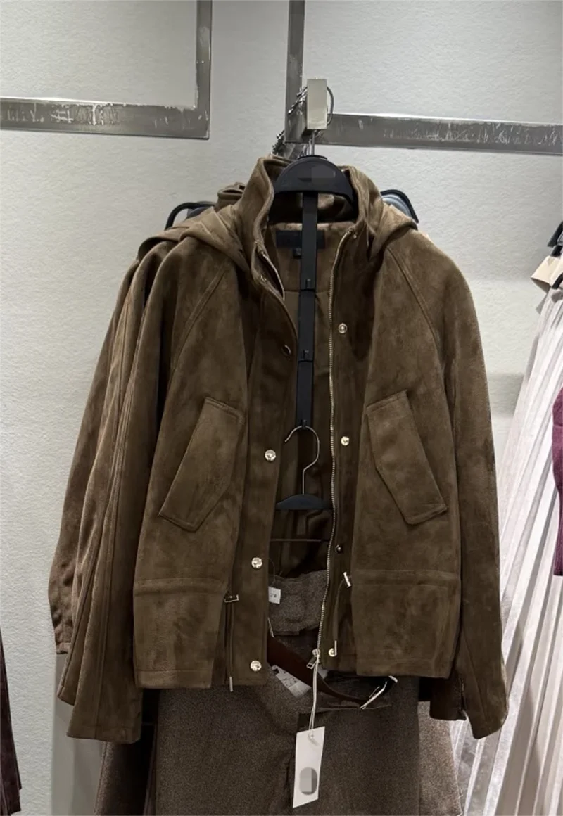 سترة بغطاء للرأس بتأثير من جلد الغزال وياقة واقفة للخريف والشتاء، سترة نسائية كاجوال أنيقة كلاسيكية