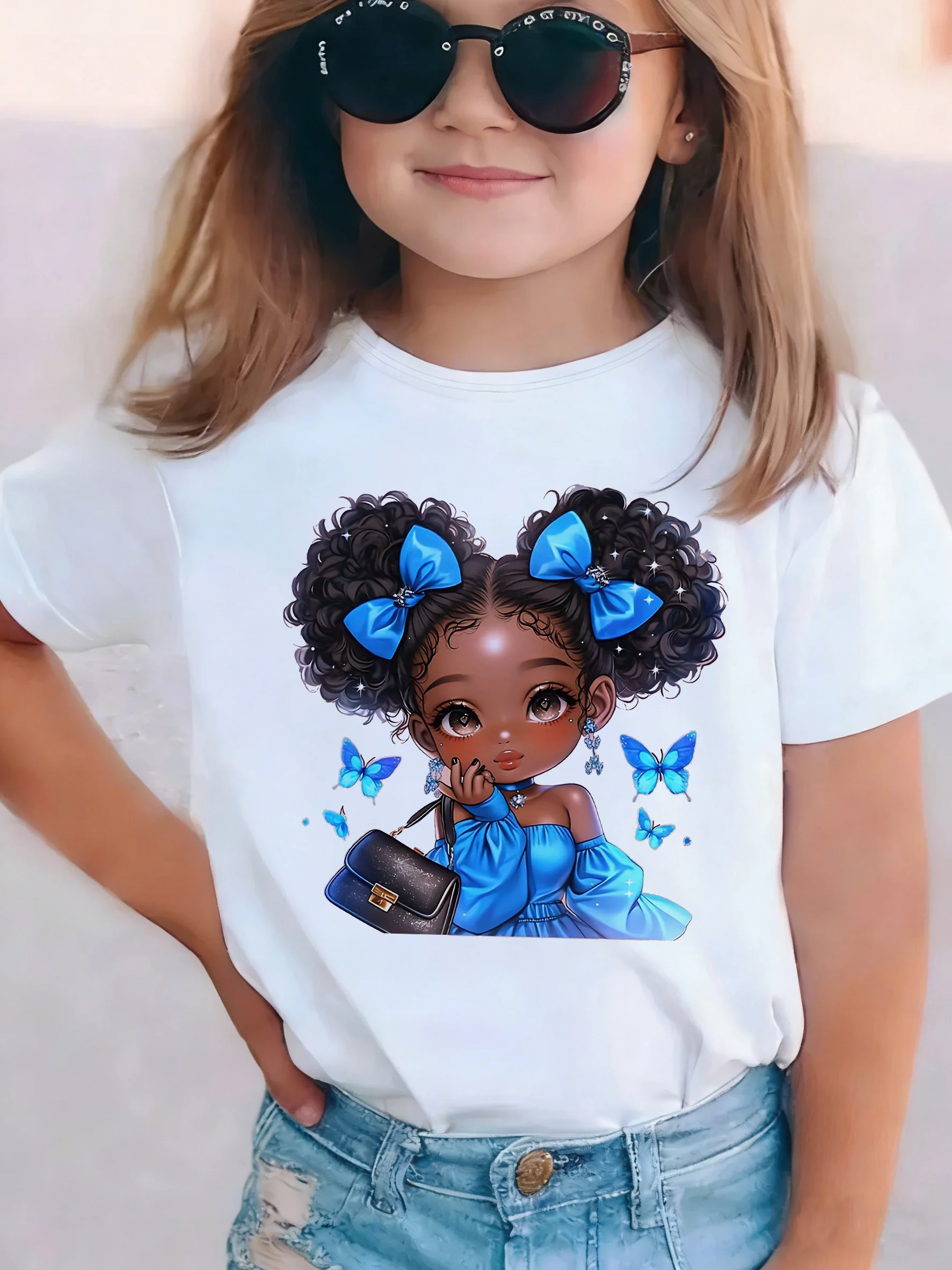 Süßes Mädchen-T-Shirt mit Schmetterlingsmotiv, bedrucktes T-Shirt, lässige Kurzarm-Tops für Mädchen, T-Shirts, 90er-Jahre-Mädchenkleidung, Sommer