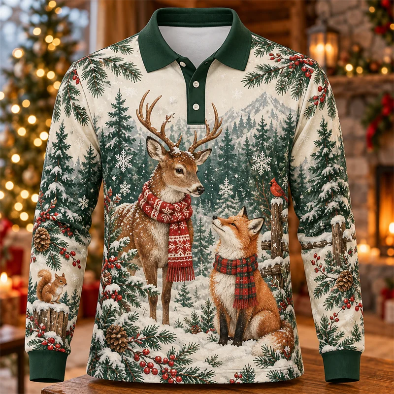 Vintage Truck Christmas Tree Scene Brings Retro Charm to Men's Long Sleeve Polo with Snowy Village Art Festive Xmas Casual Wear