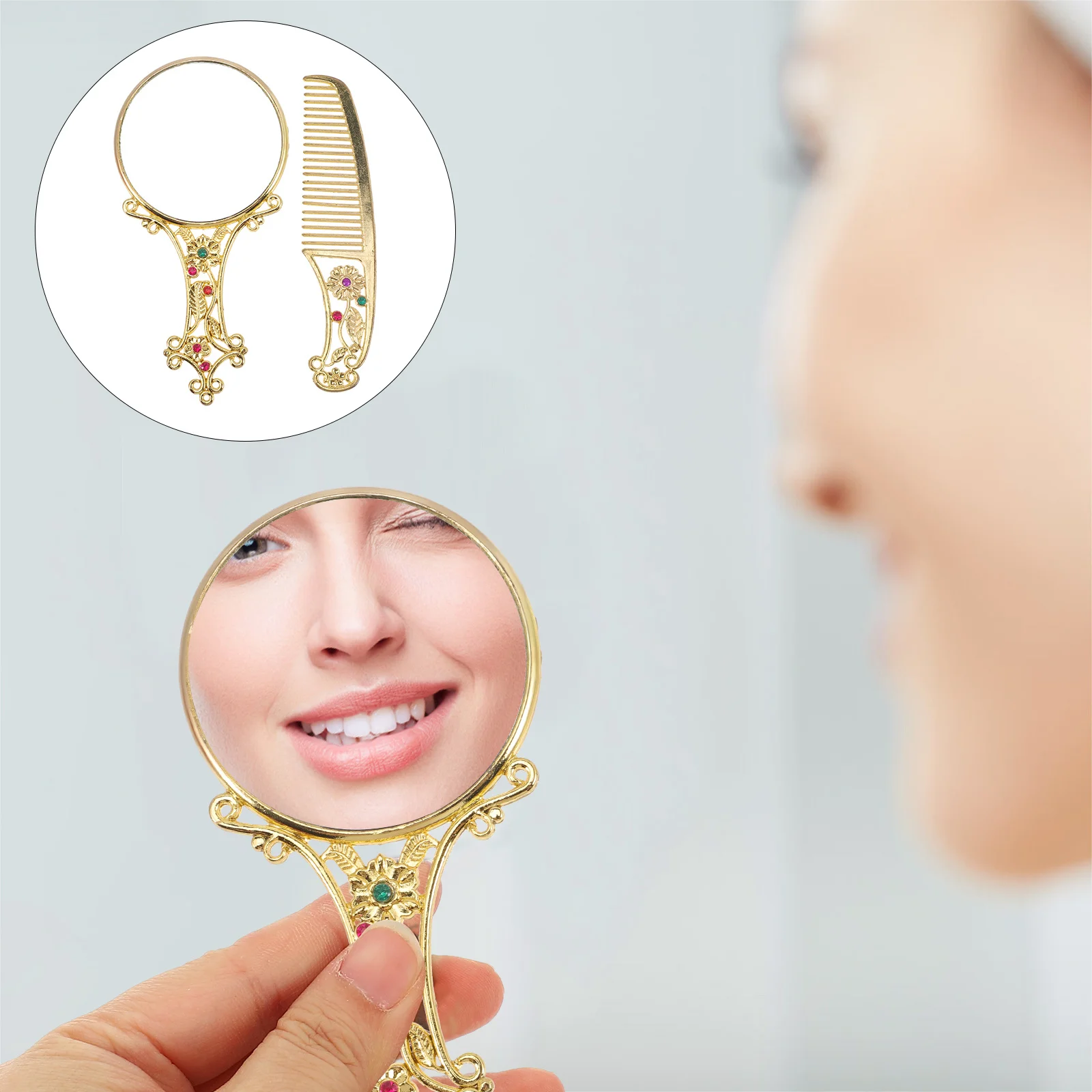مجموعة واحدة من مشط المرآة المحمولة بنمط عتيق، مرآة مكياج خفيفة الوزن ومحمولة للسفر والحفلات والهدايا للنساء