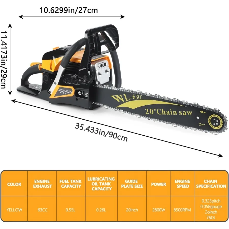 Gas Chainsaw 20 Inches 63CC Cordless Chain Saw with Gas Power for Efficient Wood Cutting and Tree Trimming in Outdoor Landscapi