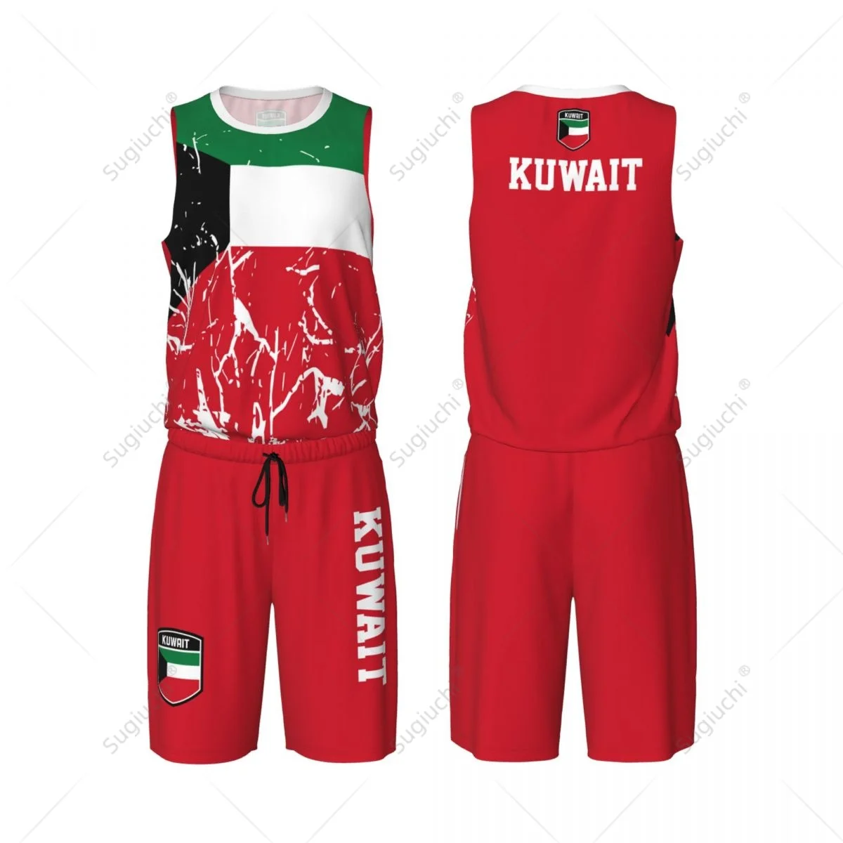 Kuwait Flag Grain Men Basketball Set Shirt & Pants Sleeveless