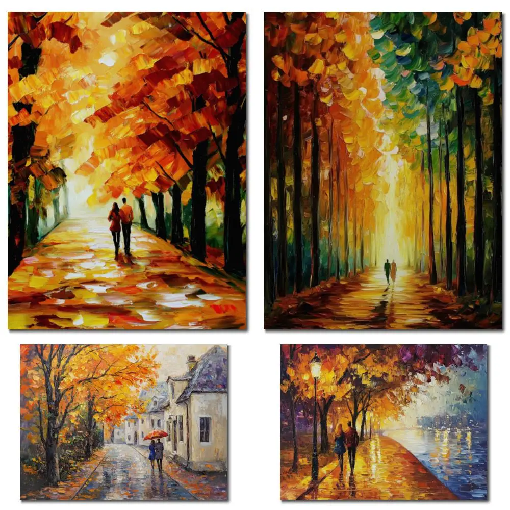 

Autumn Trees Landscape Textured Canvas Art Handmade Palette Knife Painting for Modern Dining Room Restaurant Wall Decor Large