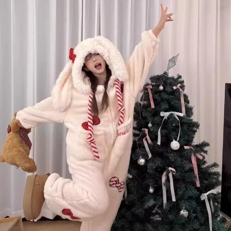 Cute Rabbit One-Piece Fleece Pajamas Women's Winter Thickened Fleece-Lined Red Bow Homewear Fashionable Girls' Winter Robe