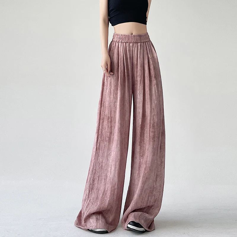 

2024 Summer Ice Cool Casual Elastic Waist Slippery Long Pants High Waist Loose Wide Leg Pants Straight y2k Trousers pantalones