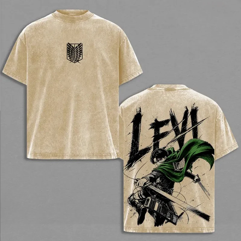 Vintage Washed Levi Print T-shirt Attack On Titan Anime Clothing Men Short Sleeve Cotton Tshirts Tee Casual Loose T Shirt