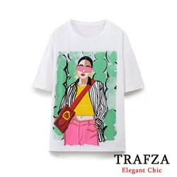 TRAFZA Summer Basic Classic T-Shirt Women Young T-Shirt Girl Print Tops New for 2024 Summer Fasion Casual T-Shirt