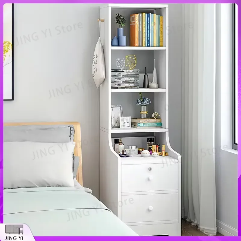 White Corner Bookshelf 3 4 5 Tier Wooden Ultra Thin Storage Rack with Lockable Drawer for Living Room Bedroom Home Office