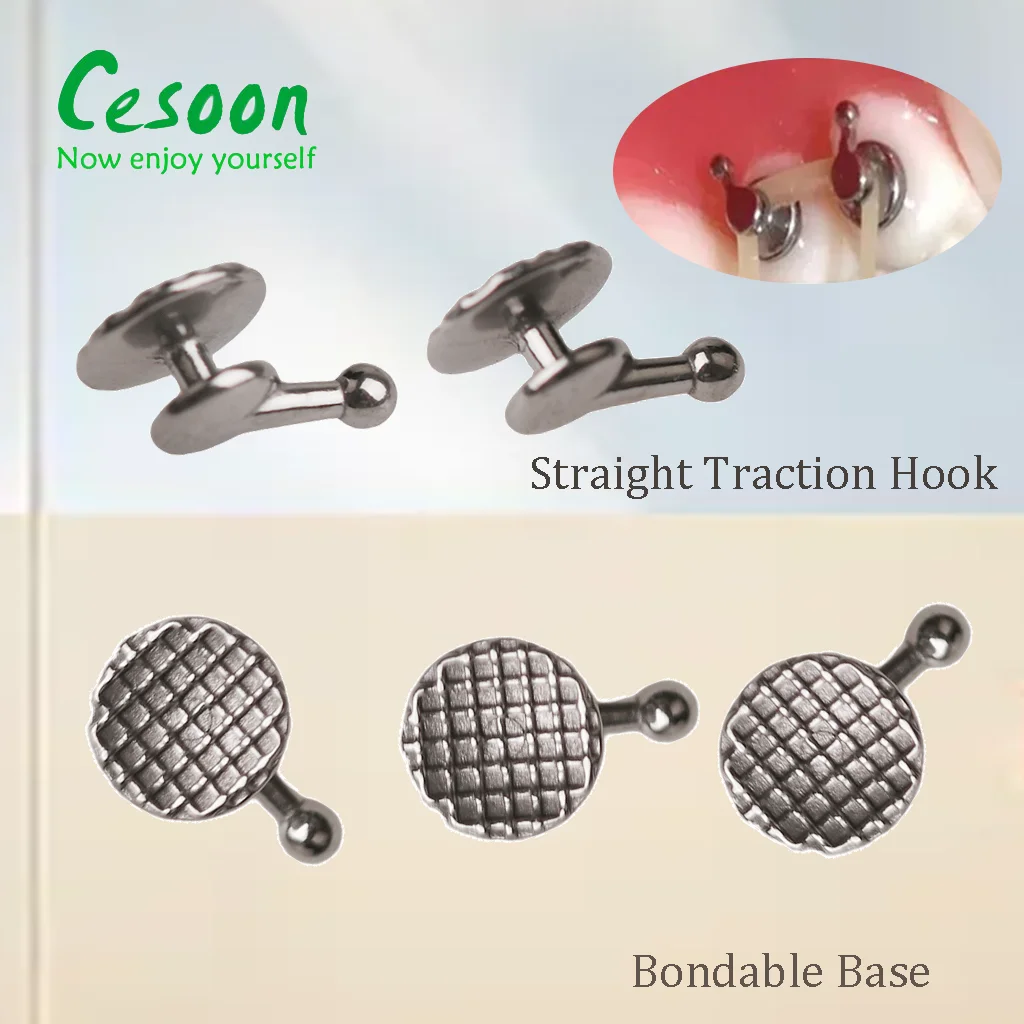 10Pcs Dental Straight Traction Hook Lingual Buttons Ortho MIM Metal Tongue Side Buckle Bondable Round Mesh Base Dentist Material