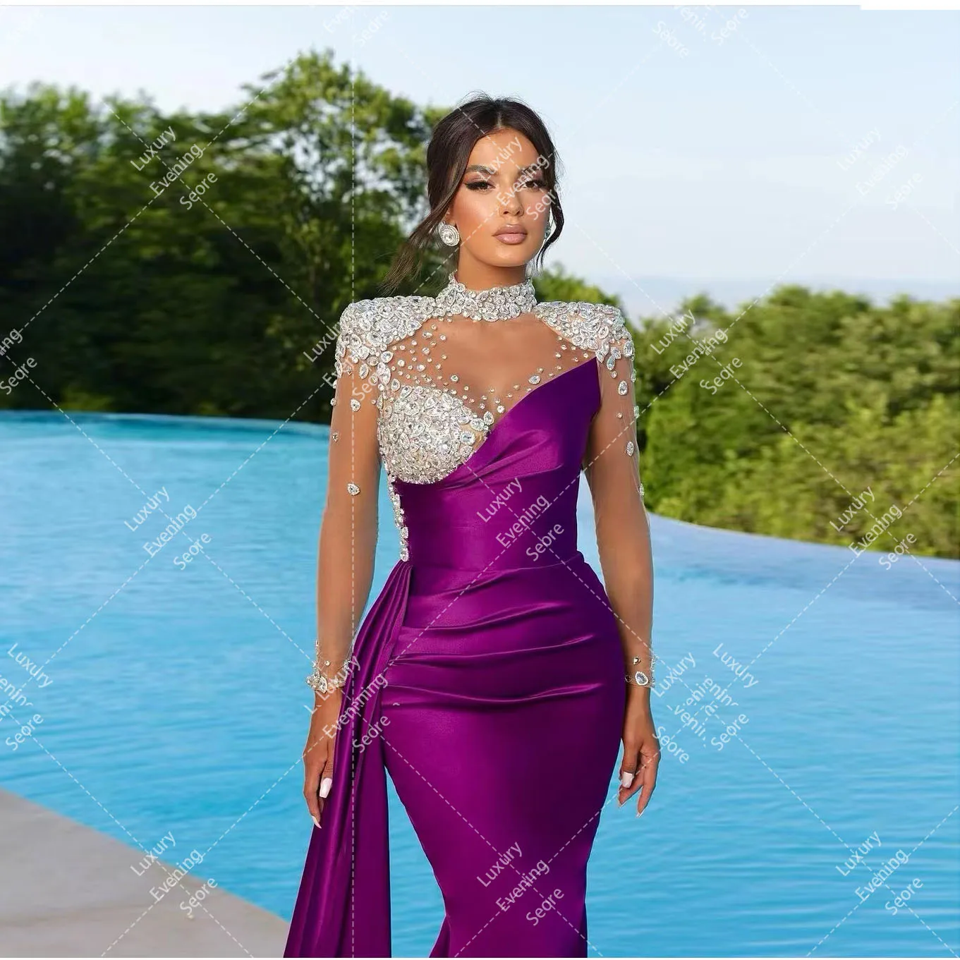 Morden Kristall Abendkleider für Frau Meerjungfrau Illusion High Neck Licht Satin formale Promi Ballkleider Vestidos de Fiesta