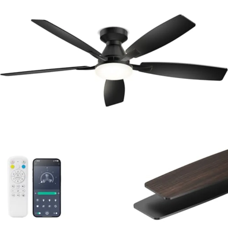 

Bedroom and living room ceiling fan with black finish, DC motor, remote and app control, quiet reversible operation, 6 speeds,