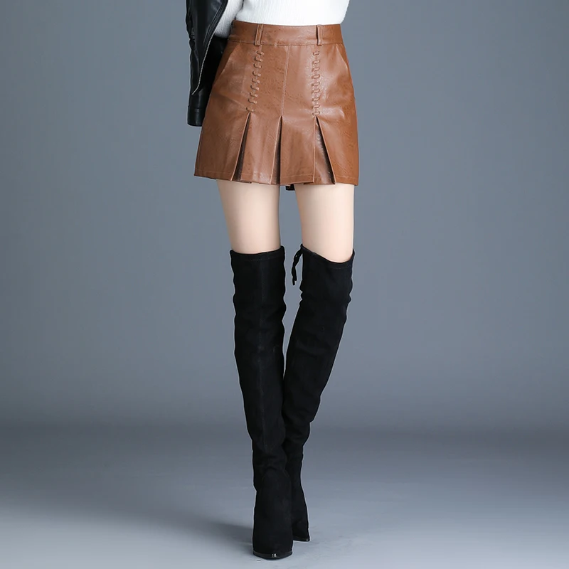 ZUZK donna nuova mini gonna sexy in pelle PU autunno inverno vita alta moda elegante gonna corta aderente a pieghe gonna stivale