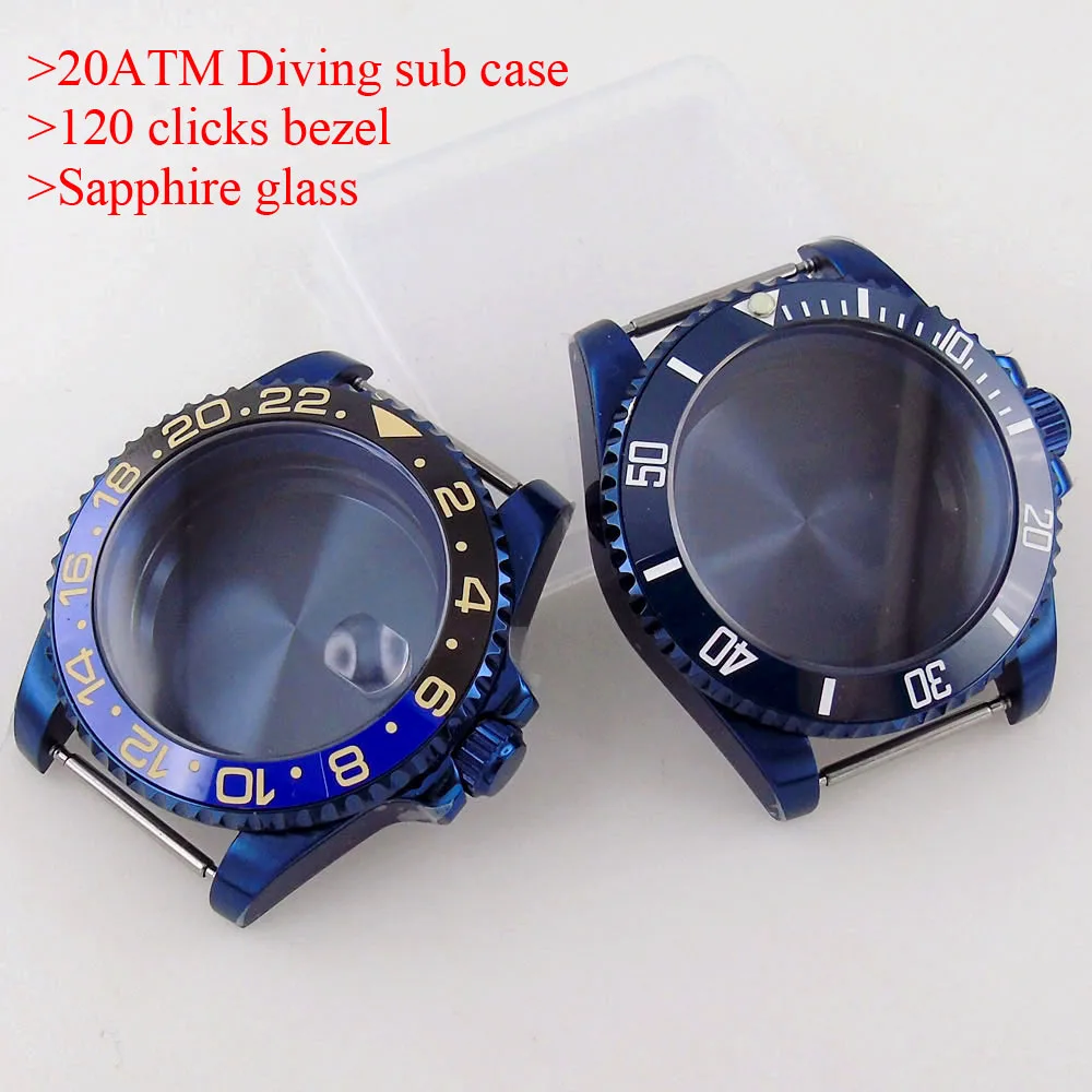 20ATM Diver Case 40mm Stainless Steel Electroplated Blue Watch Case Sapphire Glass for NH34 GMT NH35 NH36 NH38 NH70 Watch Parts