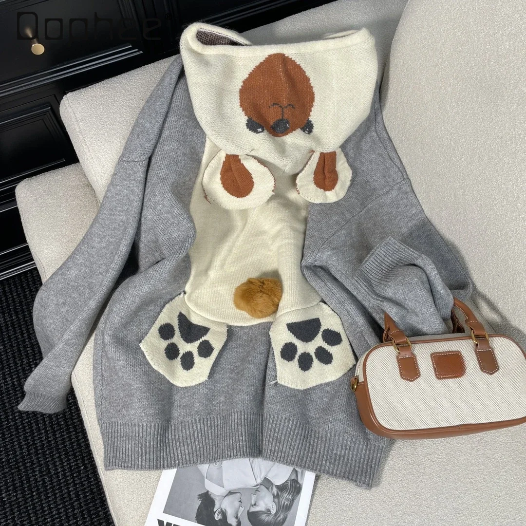 

2024 Autumn and Winter New Japanese Style College Style Cute Bear Jacquard Loose Hooded Sweater Women Oversized Sweater Tops