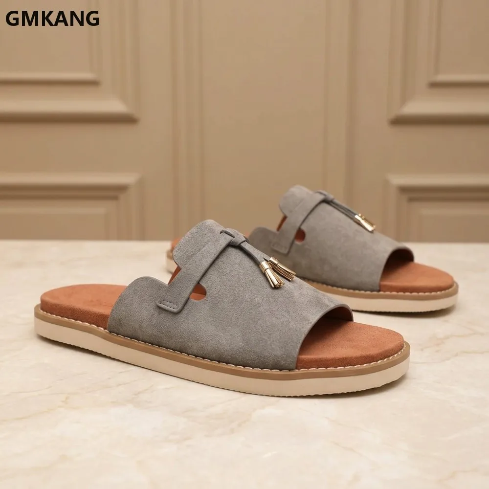 Men's Leather Sandals Handmade Summer Beach Slides Non-Slip Sole Casual Walking Shoes Lightweight Breathable Outdoor