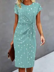 Women's Dresses 2023 Summer Fashion Polka Dot Print Casual Loose Round Neck Short Sleeve Ruched Daily Midi Dress