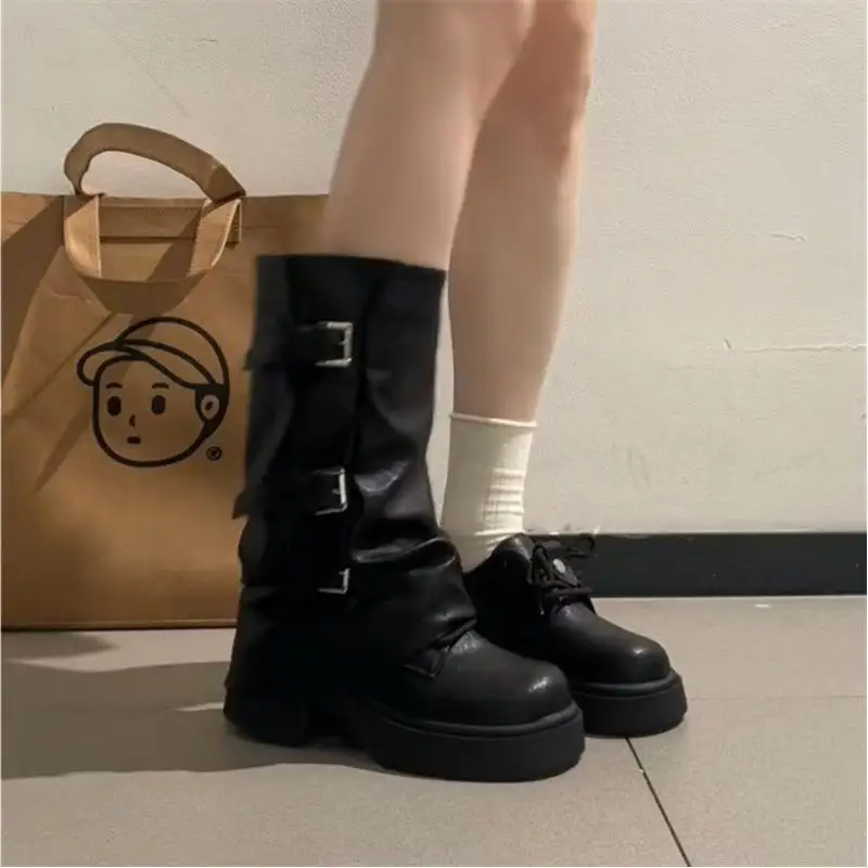 Damen 2-in-1 Plateau Halbschaftstiefel Abnehmbare Schnallen-Gamaschen Blockabsatz Oxford-Schuhe Gothic Punk Slouch Stiefeletten – Detail 7